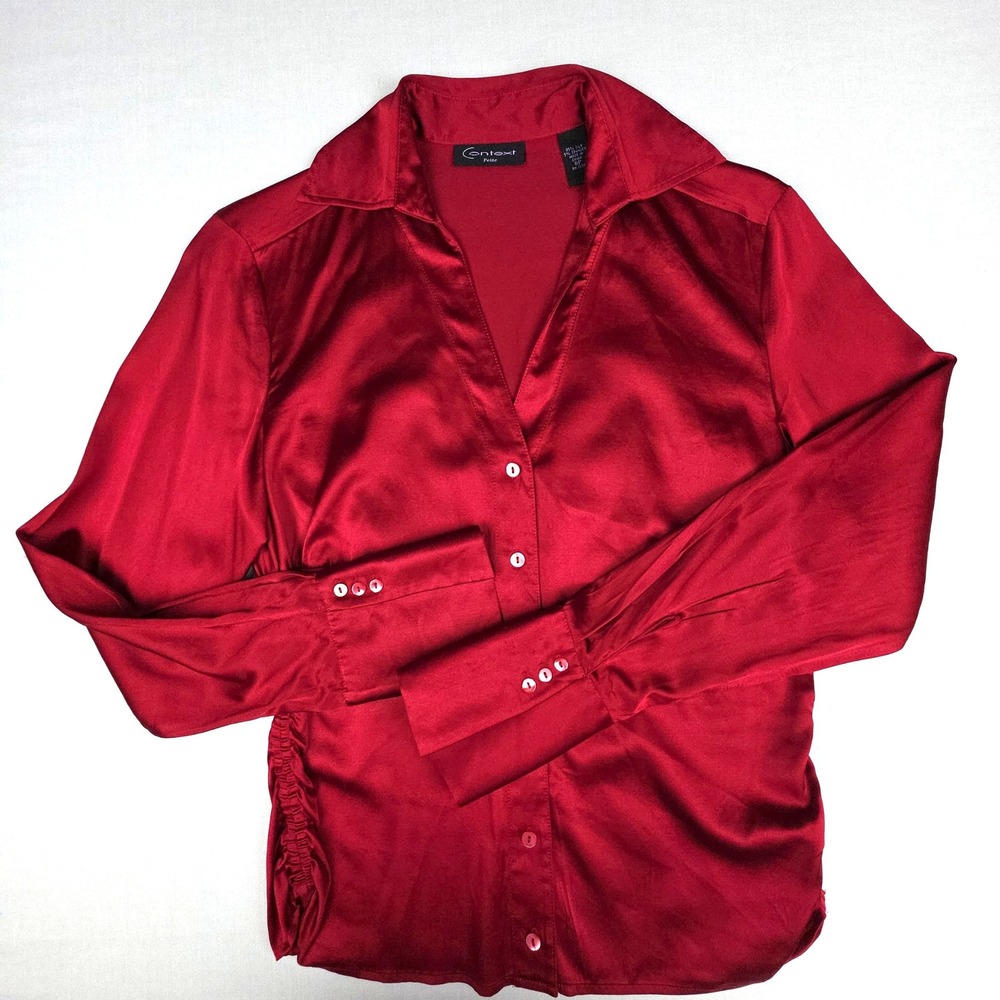 Context Petite Red Silk Blend Button Down Blouse Women 8P Ruched